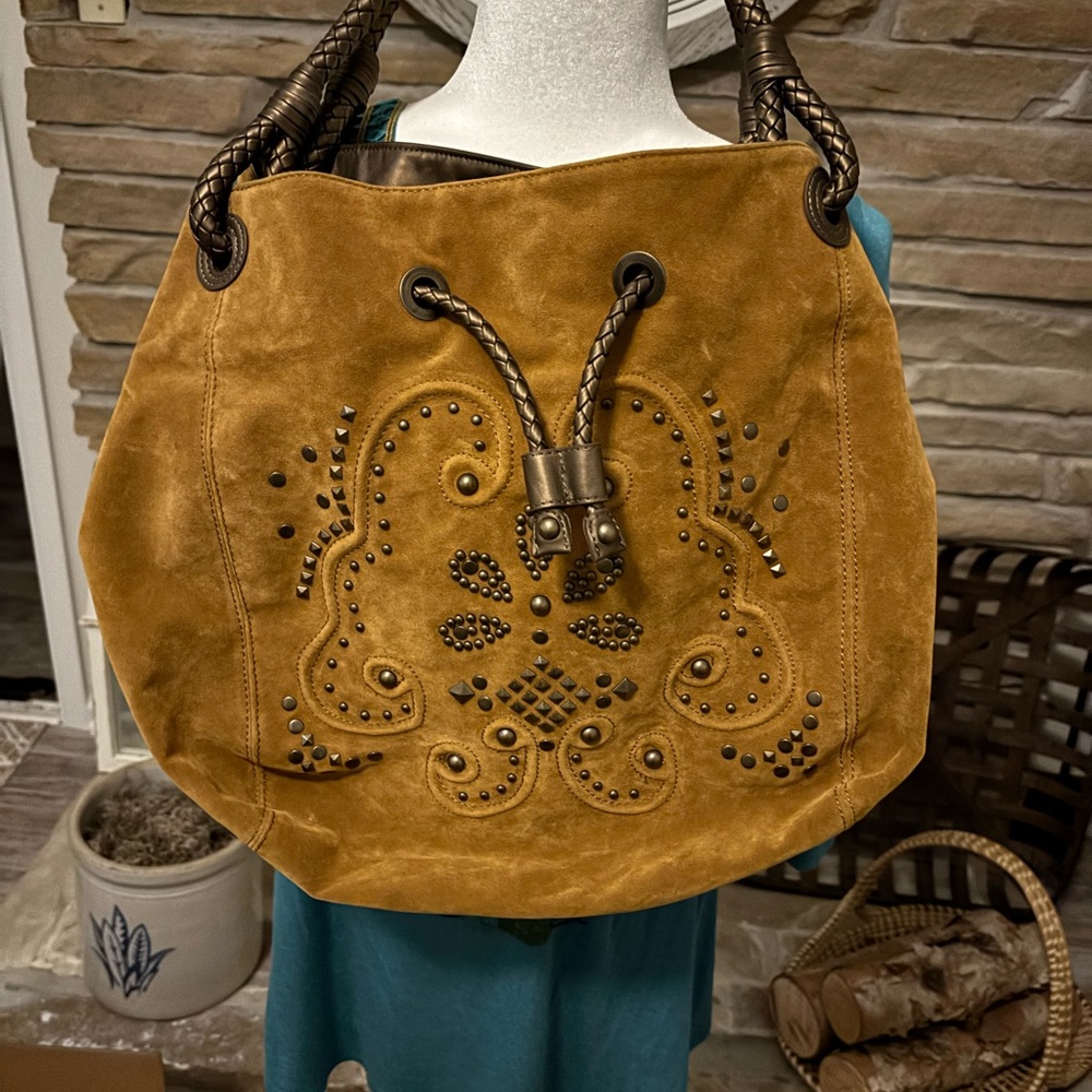 Vintage Coldwater Creek Tan Suede Drawstring Hobo with Stud Embellishment